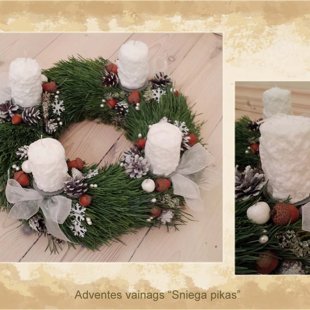 Klasisks Adventes vainags ar baltām sniega pikām - svecēm