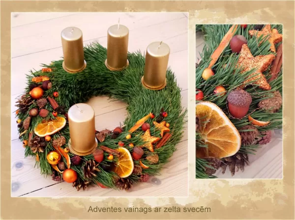 Zelta Adventes vainags ar zvaigznītēm