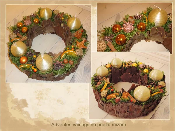 Adventes vainags no priedes mizas ar sunās sabirušiem brīnumiem